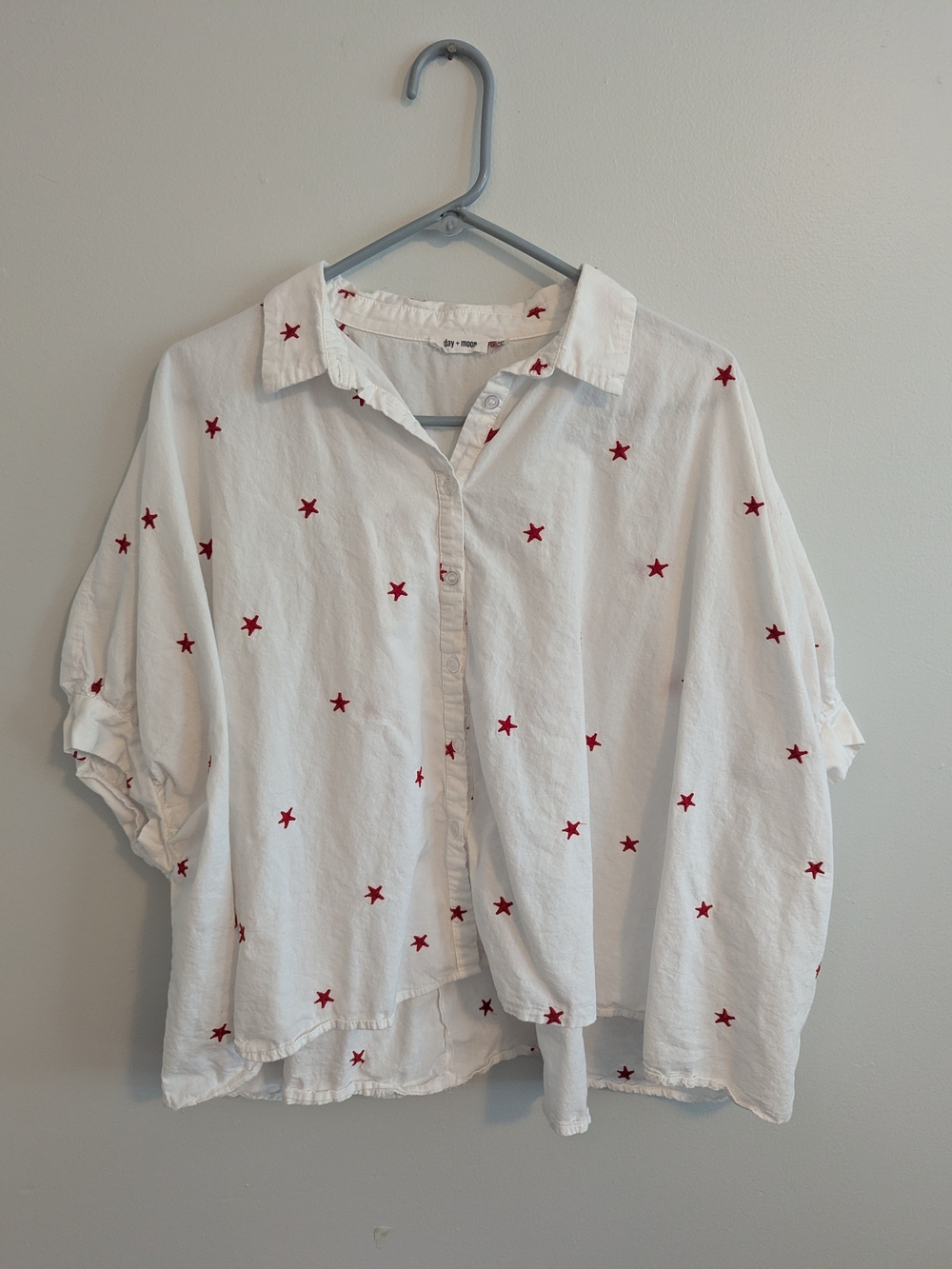 Lightweight White Button-Up Shirt with Red Star Embroidery